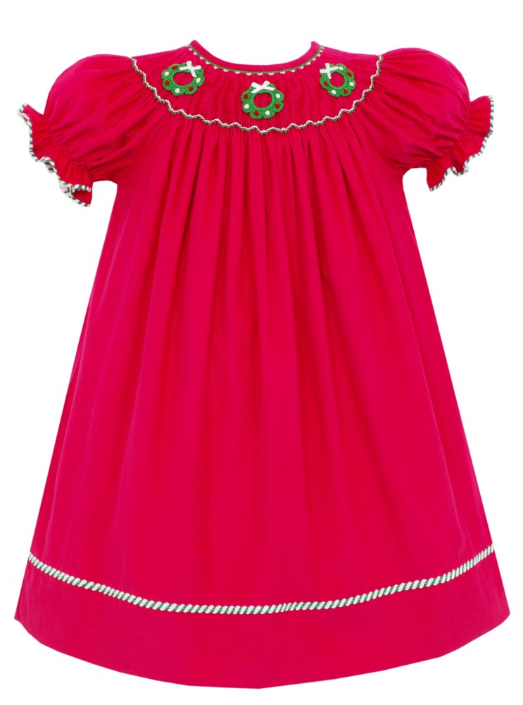 Claire & Charlie Girls Hot Pink Smocked Crochet Christmas Wreaths Bishop Dress