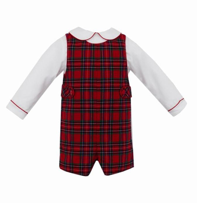 Anavini Couture Boys Red Holiday Plaid Shortall with Shirt