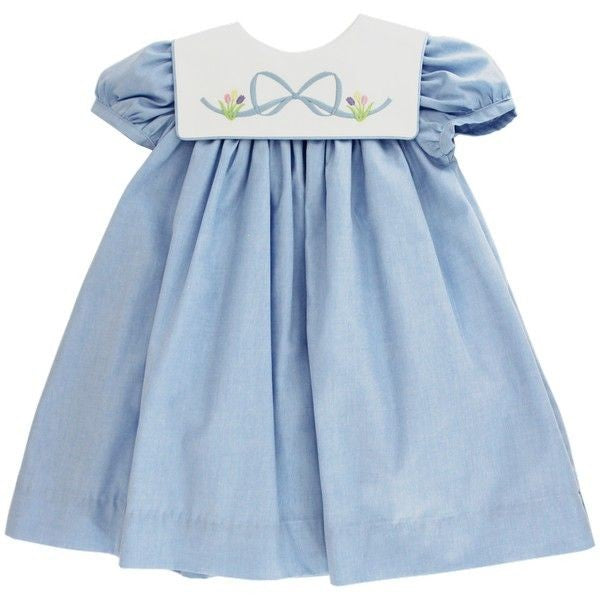 Bailey Boys Girls Blue Chambray Float Dress - Embroidery Bow Collar