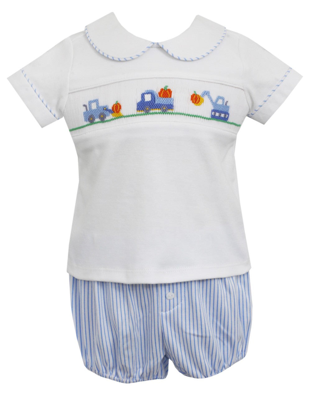Petit Bebe Baby Boys Blue Stripe Knit Smocked Pumpkin Constuction Trucks Set
