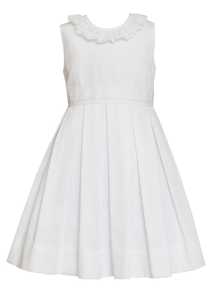 Claire & Charlie Girls Sleeveless White Pique Dress - Swiss Eyelet - Ruffle Neckline