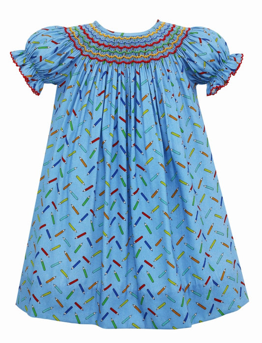 Claire & Charlie Toddler Girls Blue Color Pencils Print Smocked Bishop Dress