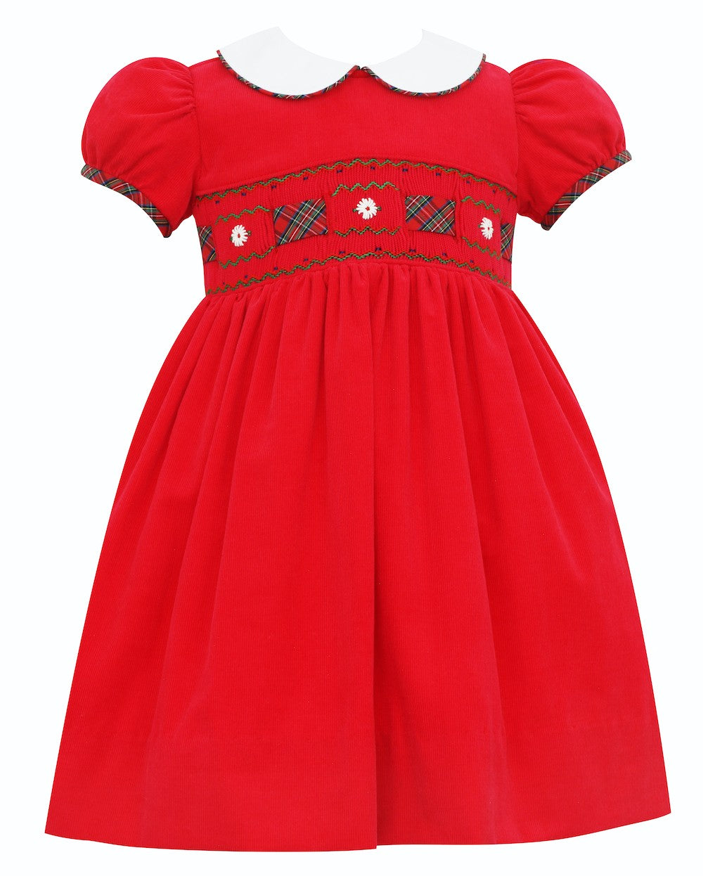 Anavini Girls Red Corduroy Smocked Christmas Dress - Holiday Plaid Ribbon Inserts by Anavini