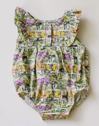Ollie Jay Baby Girls Betsy Romper Bubble in Mardi Gras Print