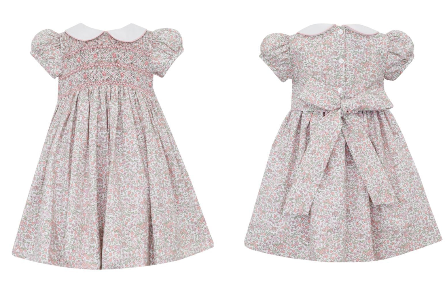 Anavini Girls Pink Liberty Floral Smocked Dress with Sash 6X