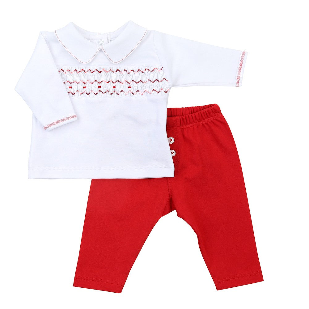 Magnolia Baby Toddler Boys Red Clara and Colton Smocked Collared Pant Set
