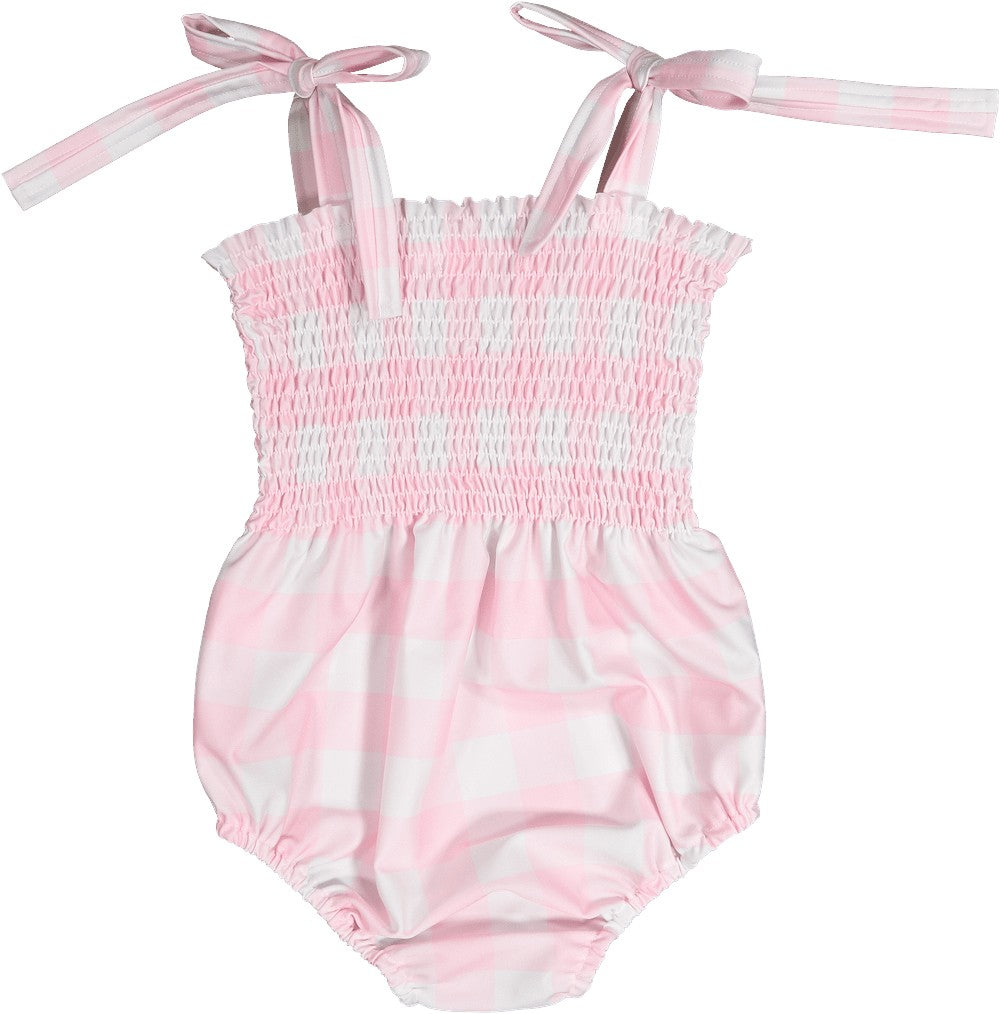Sal & Pimenta Girls Swimsuit - Buffalo Check - Pink - Smocked with Ties at Shoulders