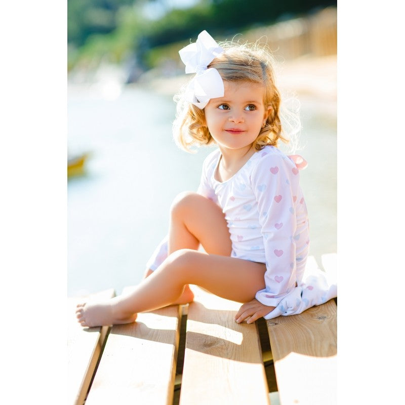 Sal & Pimenta Girls Rashguard Swimsuit - Pink & Blue Hearts with Pink Bow in Back