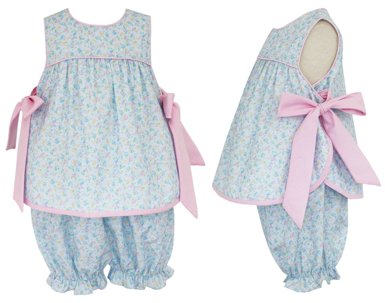 Petit Bebe Baby / Toddler Girls Blue Floral Bloomers Set - Pink Bows at Sides
