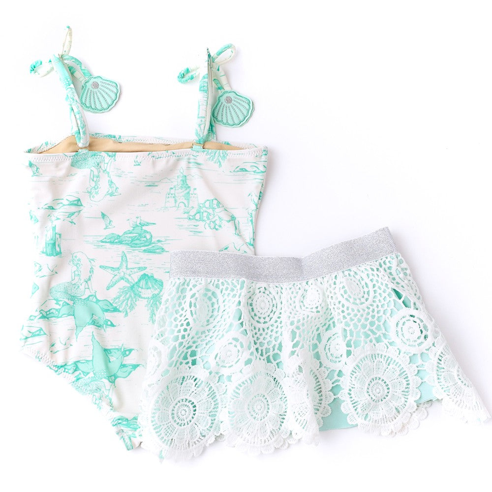 Shade Critters Girls One Piece Swimsuit with Skirt - Aqua Mermaid Toile