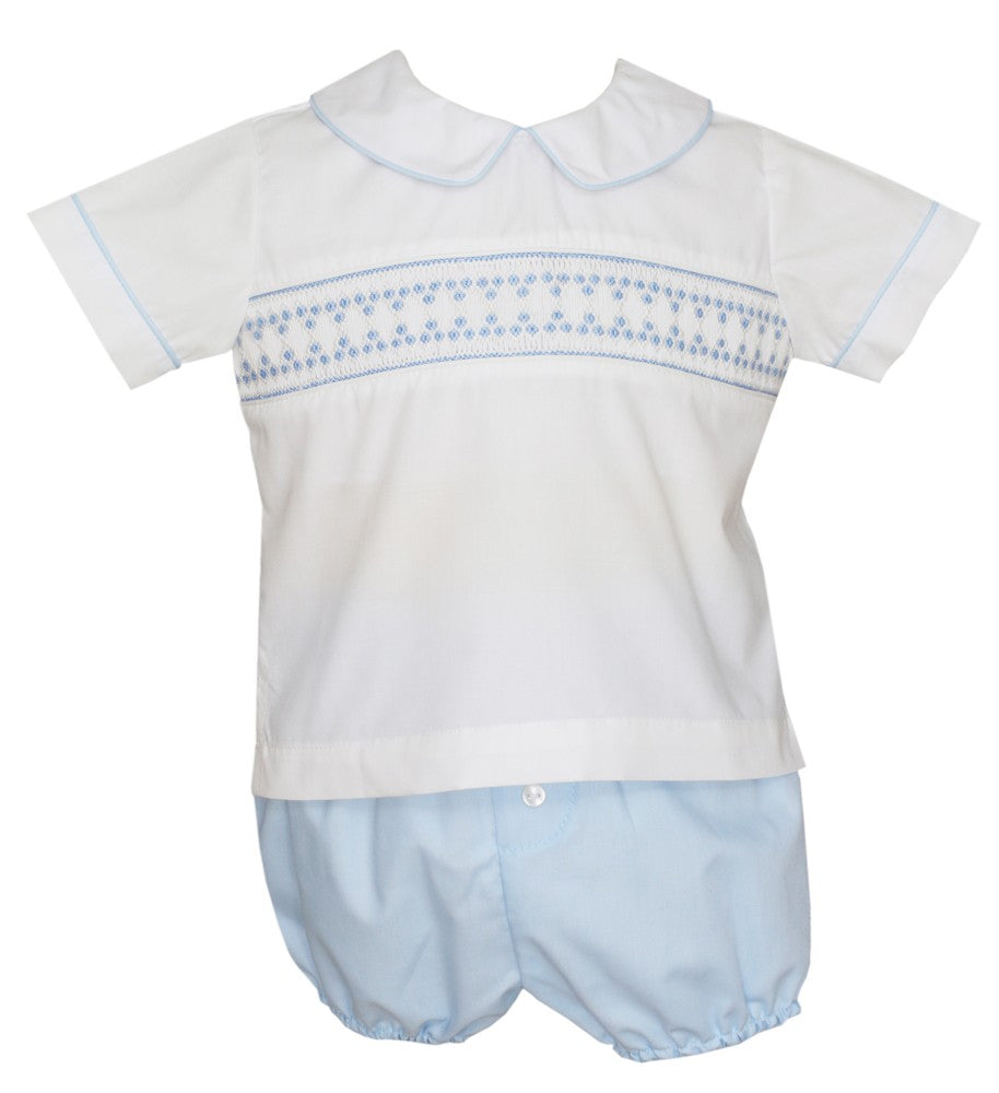 Petit Bebe Baby Boys Blue / White Poplin Smocked Diaper Set by Petit Bebe