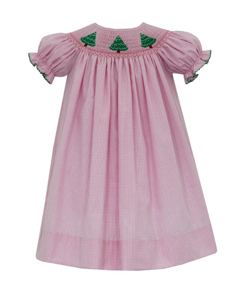 Anavini Velani Girls Pink Gingham Bishop Dress - Smocked Christmas Trees by Anavini