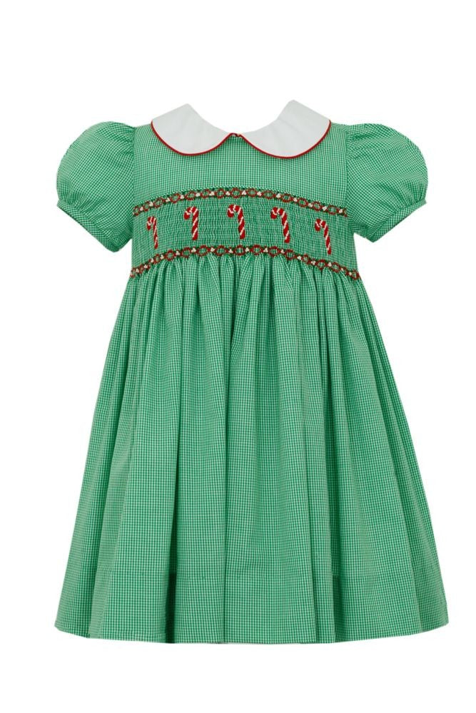Anavini Velani Girls Green Gingham Dress - White Collar - Smocked Candy Canes