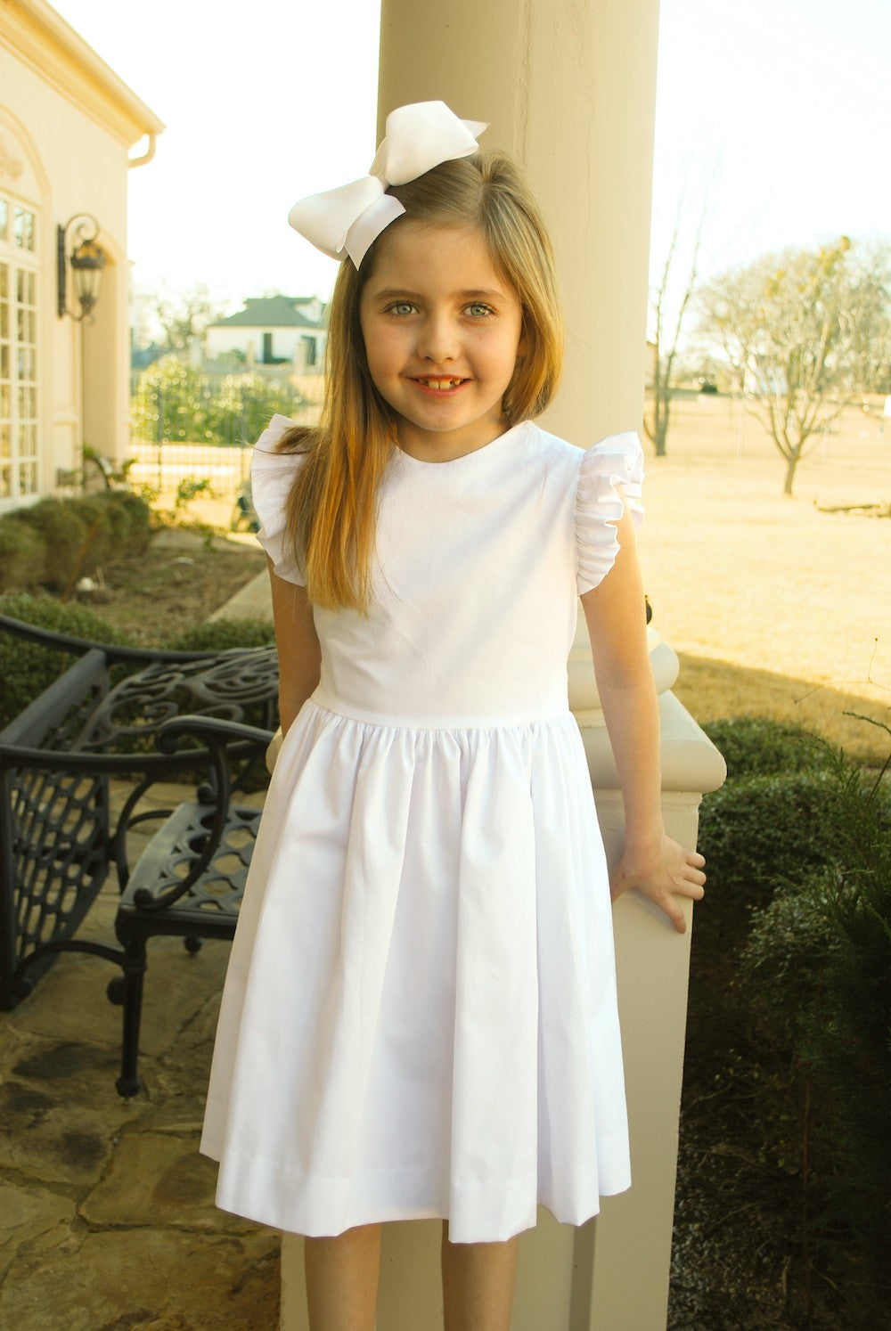 Susanne Lively Girls White Pique Dress with Flutter Sleeves