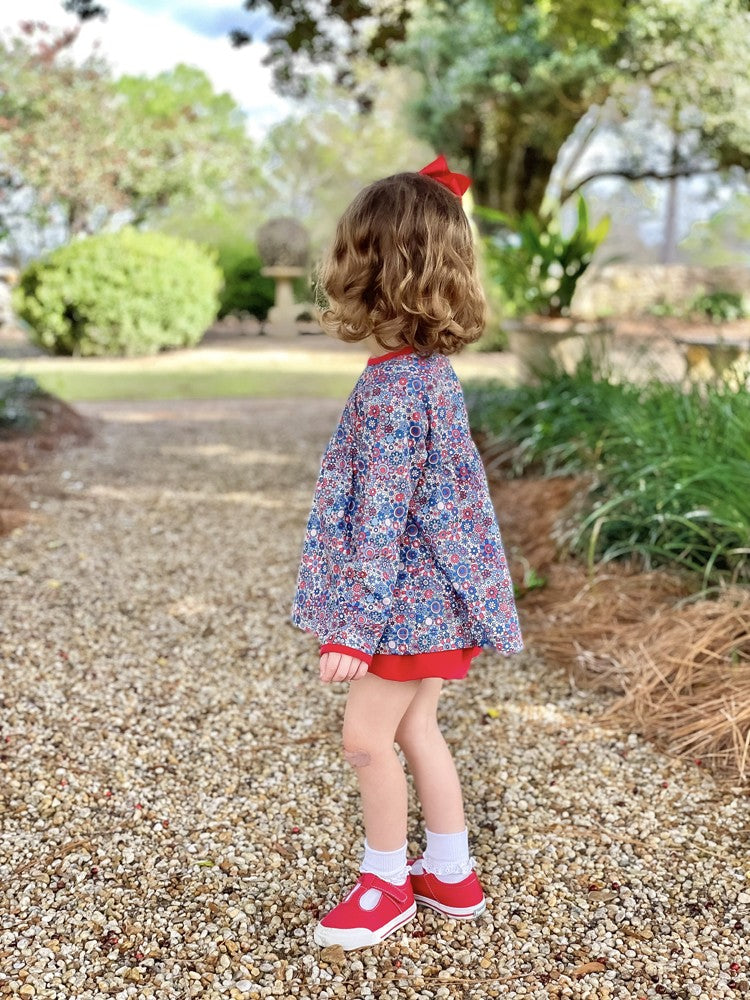 James & Lottie Girls Evie Bloomers Set - Blue Floral Top with Red Bloomers