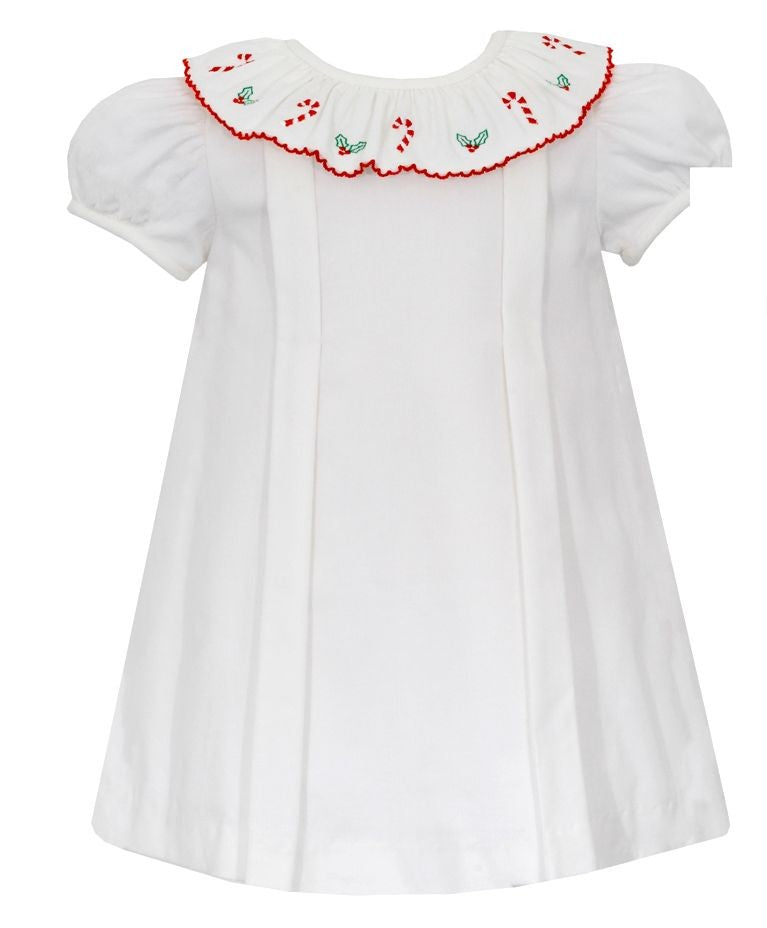 Anavini Baby Girls Winter White Corduroy Dress - Embroidered Candy Canes Collar by Anavini