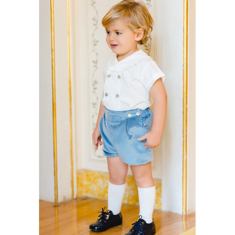 Sal & Pimenta Boys Dressy Button On Set - Velvet - Dusty Blue by Sal & Pimenta