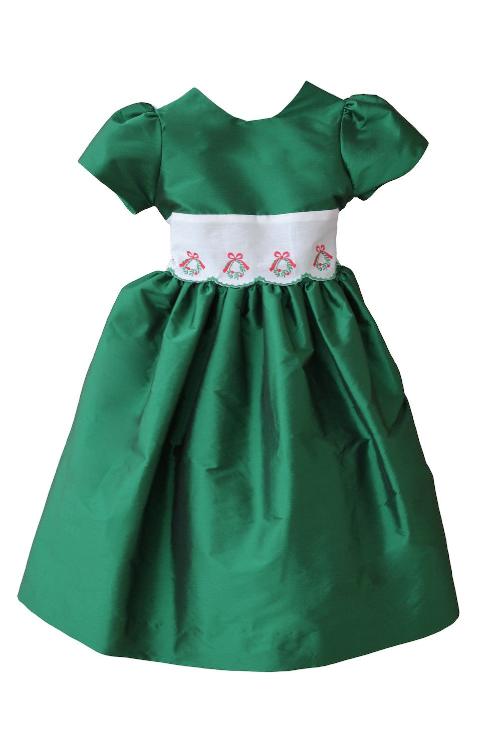 Susanne Lively Girls Taffeta Christmas Dress - Embroidered Wreath Sash - V-Back - Green