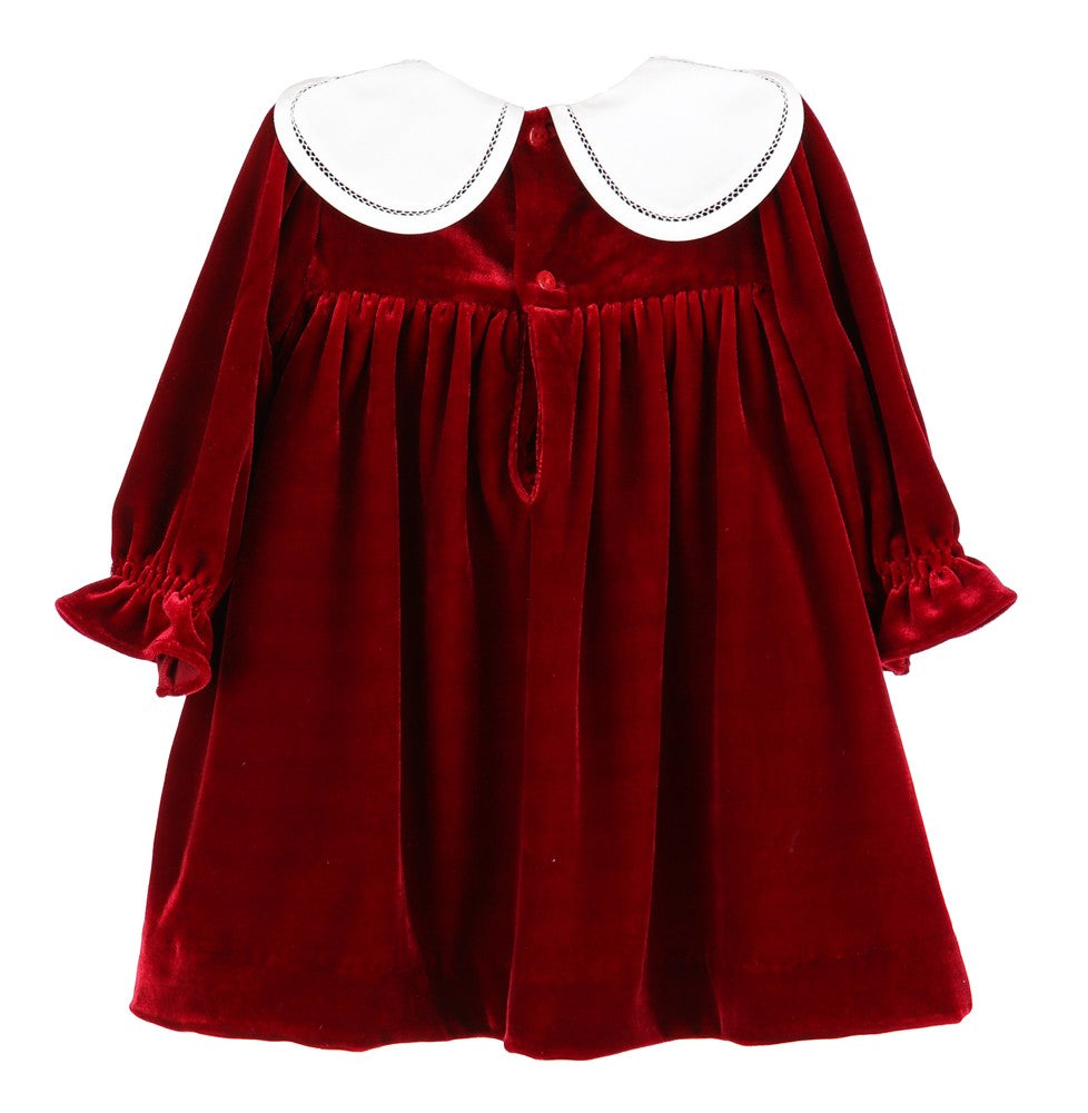 Sophie & Lucas Girls Velvet Christmas Dress with White Petal Collar - Red