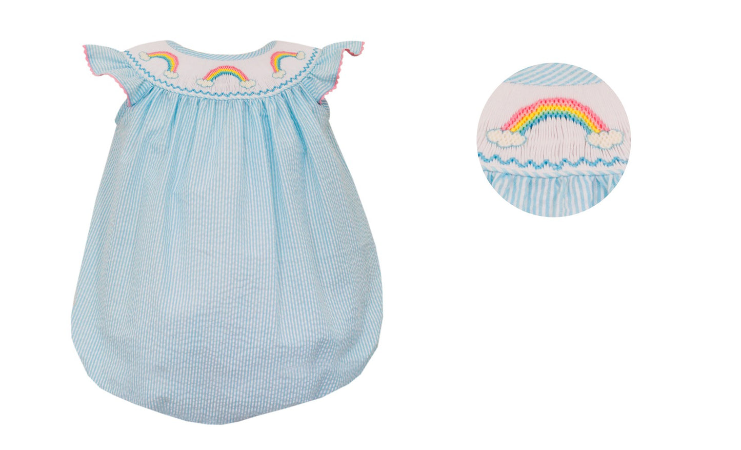 Anavini Baby Girls Aqua Blue Striped Seersucker Bubble - Smocked Rainbows by Anavini
