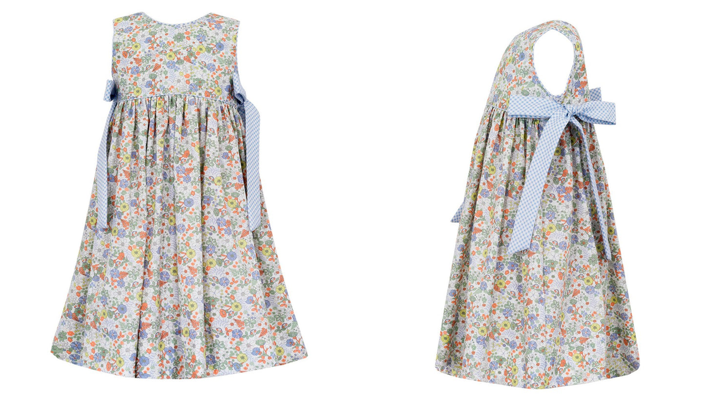 Claire & Charlie Girls Blue Liberty Floral Dress - Gingham Bows at Sides