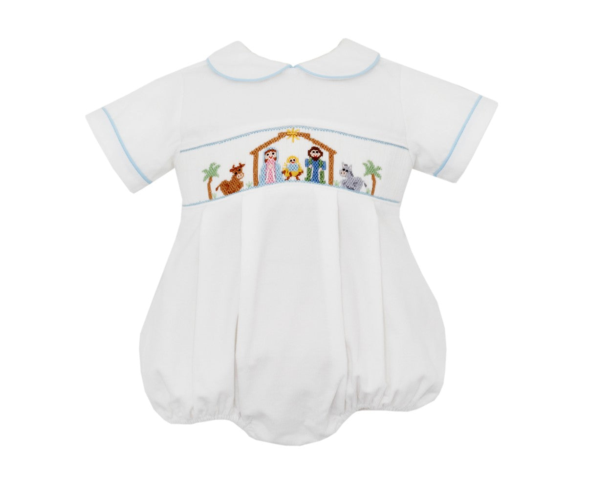 Petit Bebe Baby Boys Winter White Corduroy Bubble - Smocked Nativity Scene