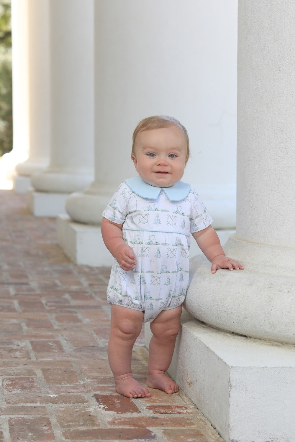 Trotter Street Kids Baby Boys Blue Golf Hole in One Print Bubble with Blue Collar
