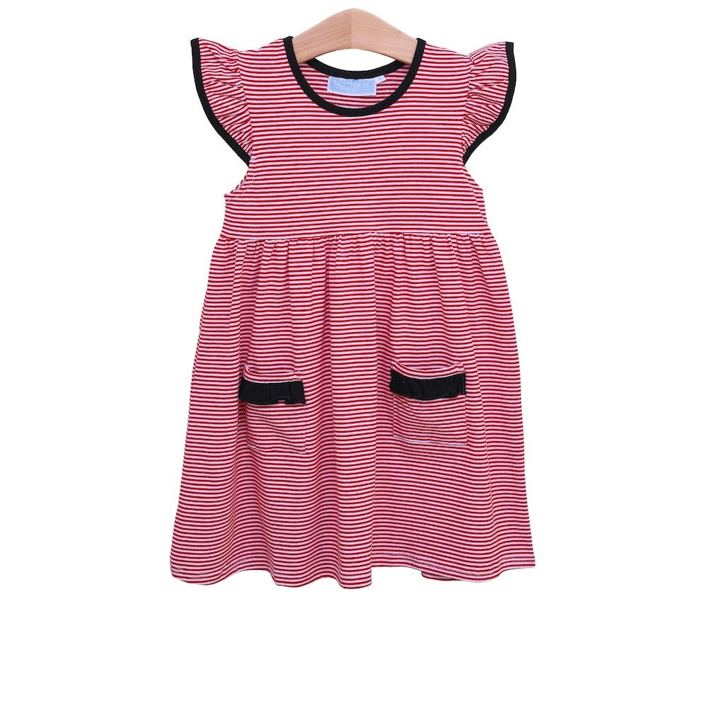 Trotter Street Kids Girls Lucy Game Day Dress - Red Stripe - Black Trim - UGA Georgia Bulldogs