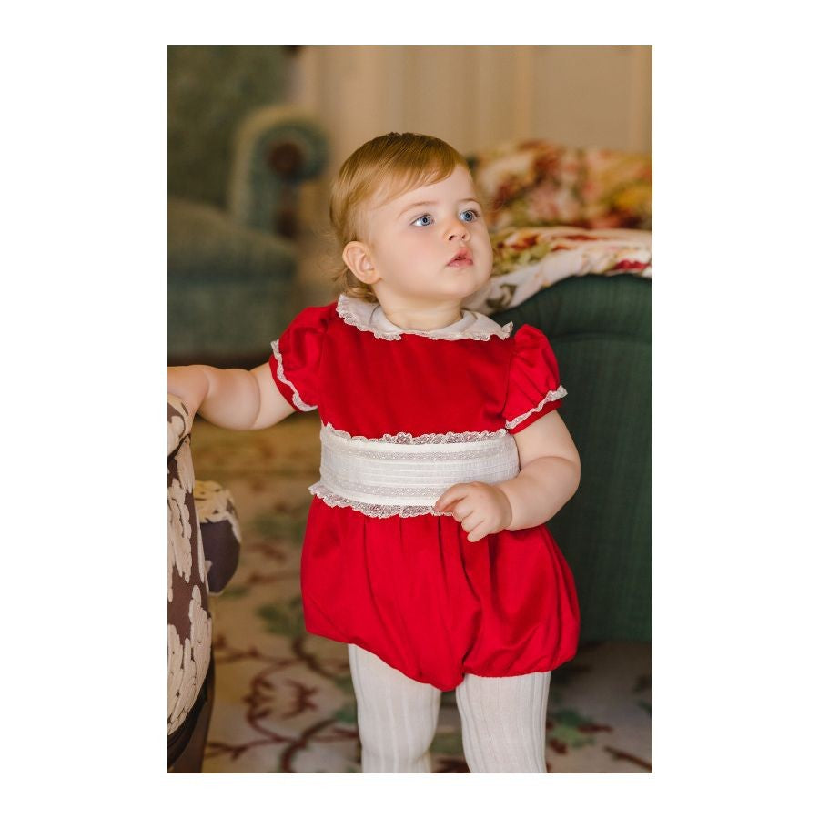 Sal & Pimenta Girls Velvet Christmas Bubble with Cummerbund - Santa Red