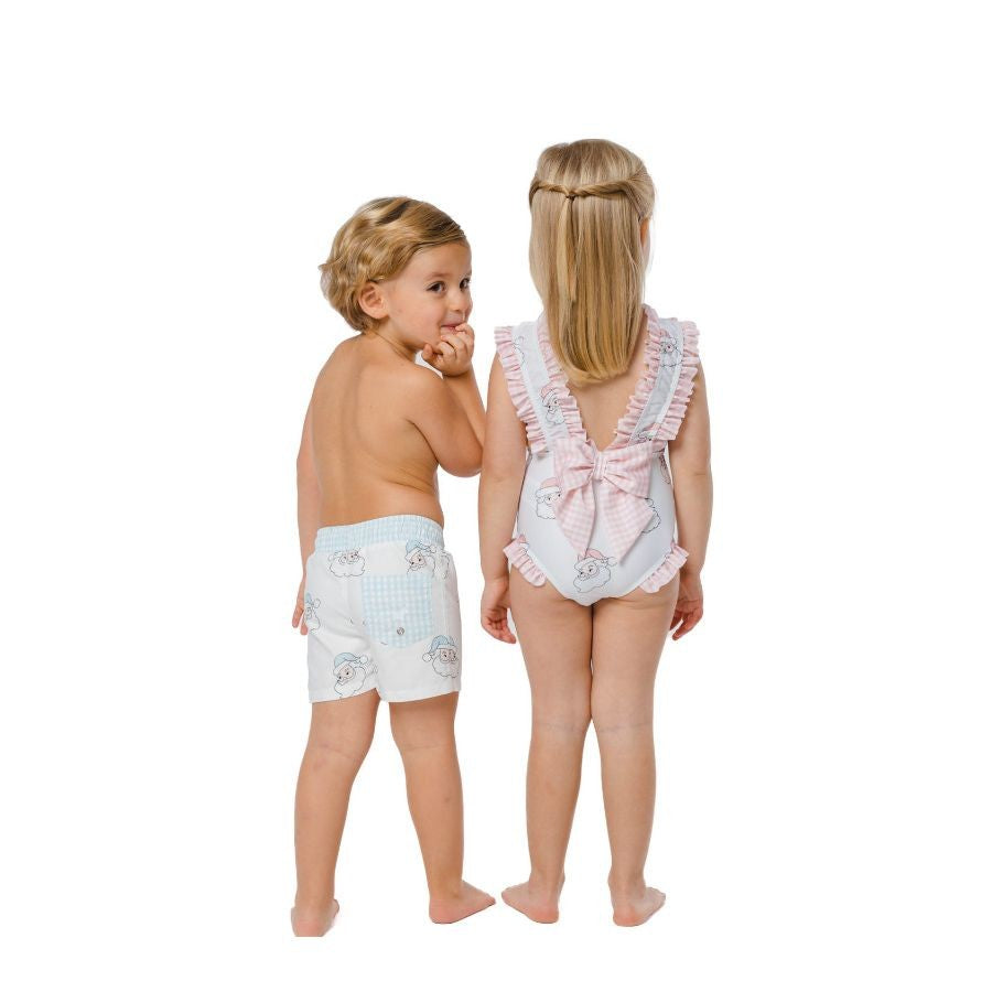 Sal & Pimenta Girls Swimsuit - Ruffle & Bow Back - Pink Santa on White by Sal & Pimenta