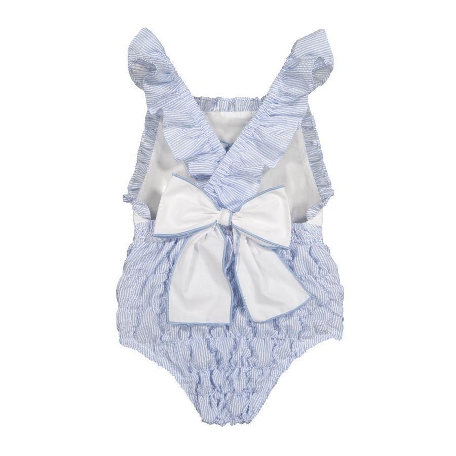 Sal & Pimenta Girls Seersucker Frilled Swimsuit - Embroidered Bow & Bow on Back - Blue