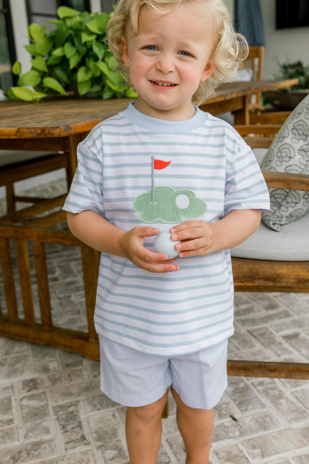 Bailey Boys Toddler Shorts Set - Blue Stripe Hole in One Golf Shirt with Shorts