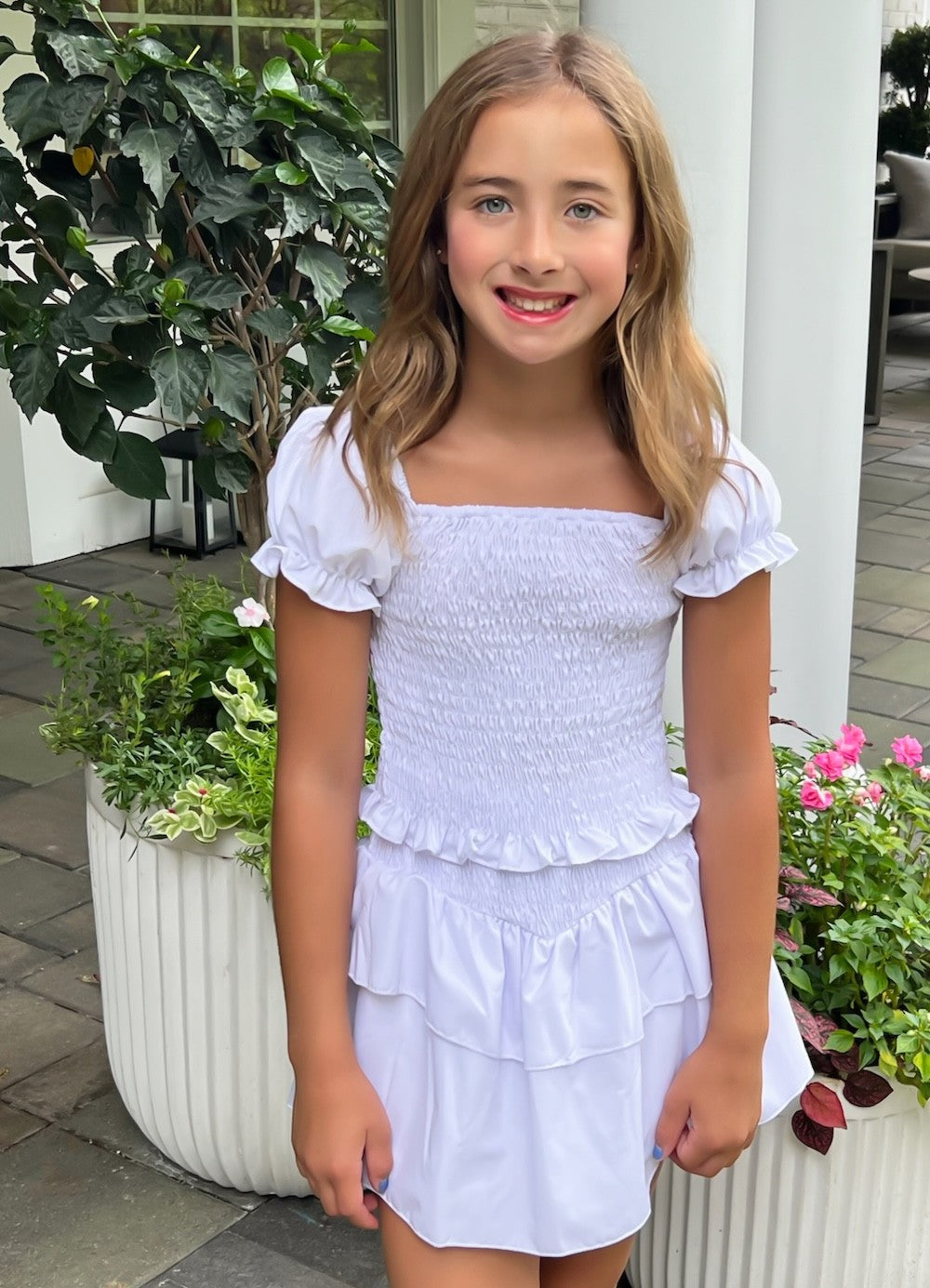 James & Lottie Be Elizabeth Girls Smocked Woven Top - Puff Sleeves - White