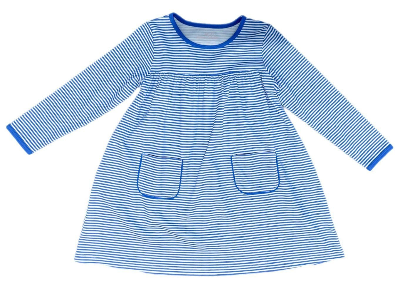 James & Lottie Girls Lennon Knit Pocket Dress - Royal Blue Stripes