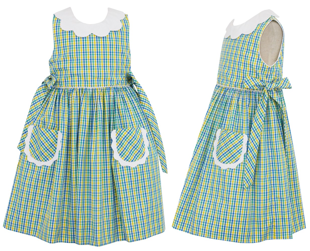 green plaid dress with white collar Green and black plaid dress with a white collar,