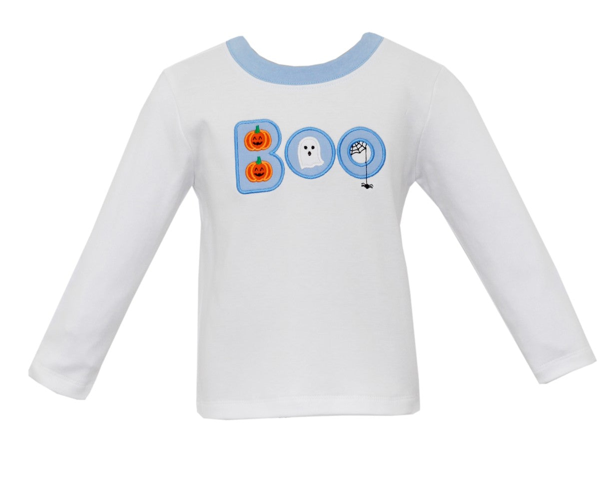 Claire & Charlie Boys Knit Shirt - White with Blue BOO for Halloween