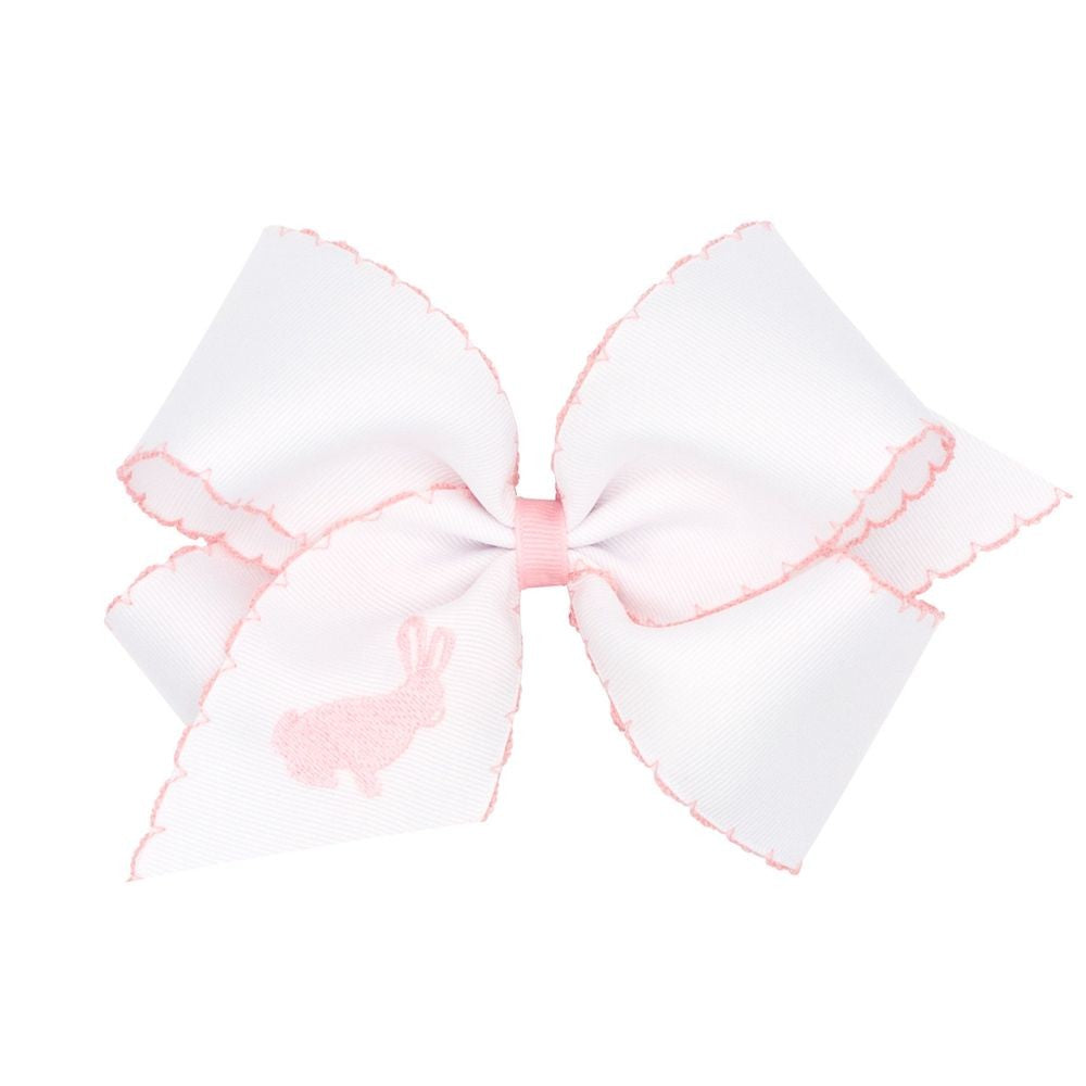 Wee Ones Girls Novelty Hair Bow - Moonstitch White with Pink - Embroidered Bunny Profile