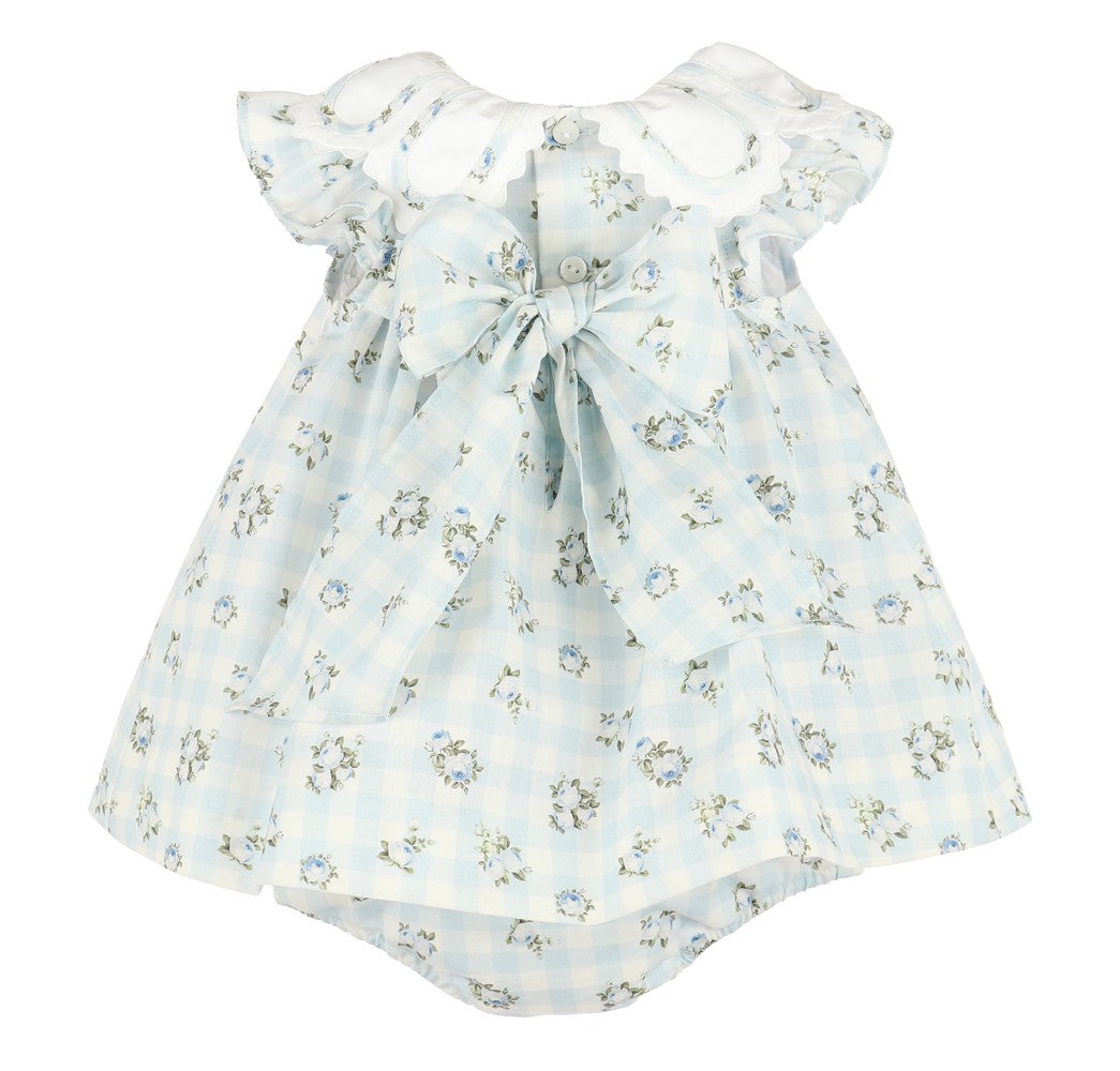 Sophie & Lucas Girls Blue Check Floral Dress with Petal Collar