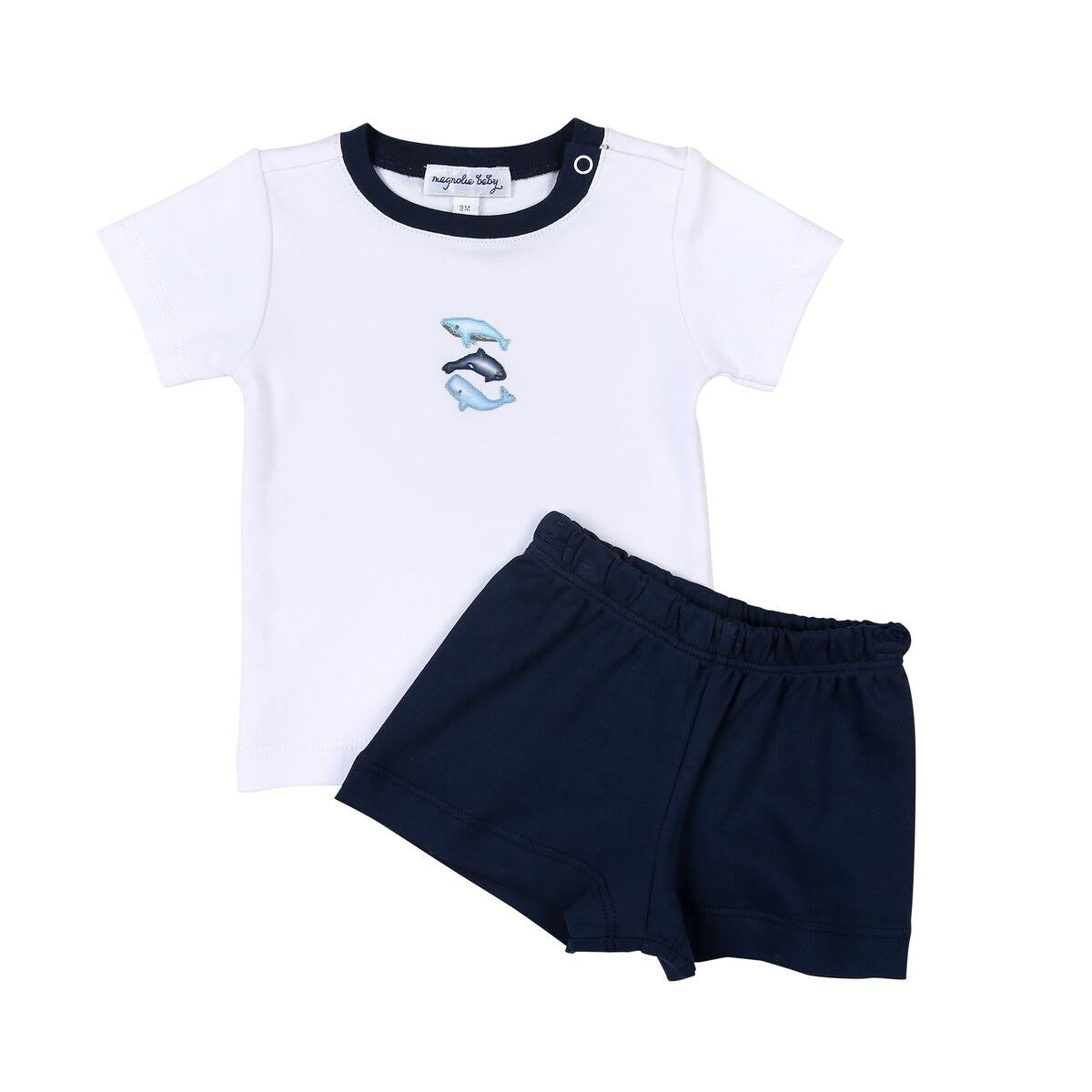 Magnolia Baby Boys Navy Blue Whale Watching Embroidered Short Set