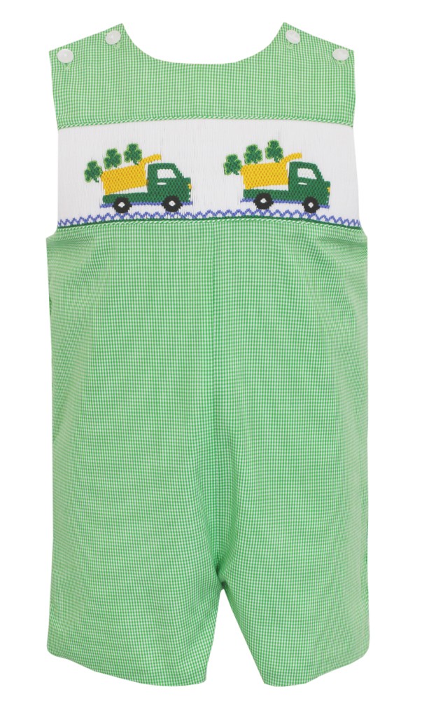 Anavini Baby / Toddler Boys Green Check Smocked Shamrock Trucks Jon Jon by Anavini