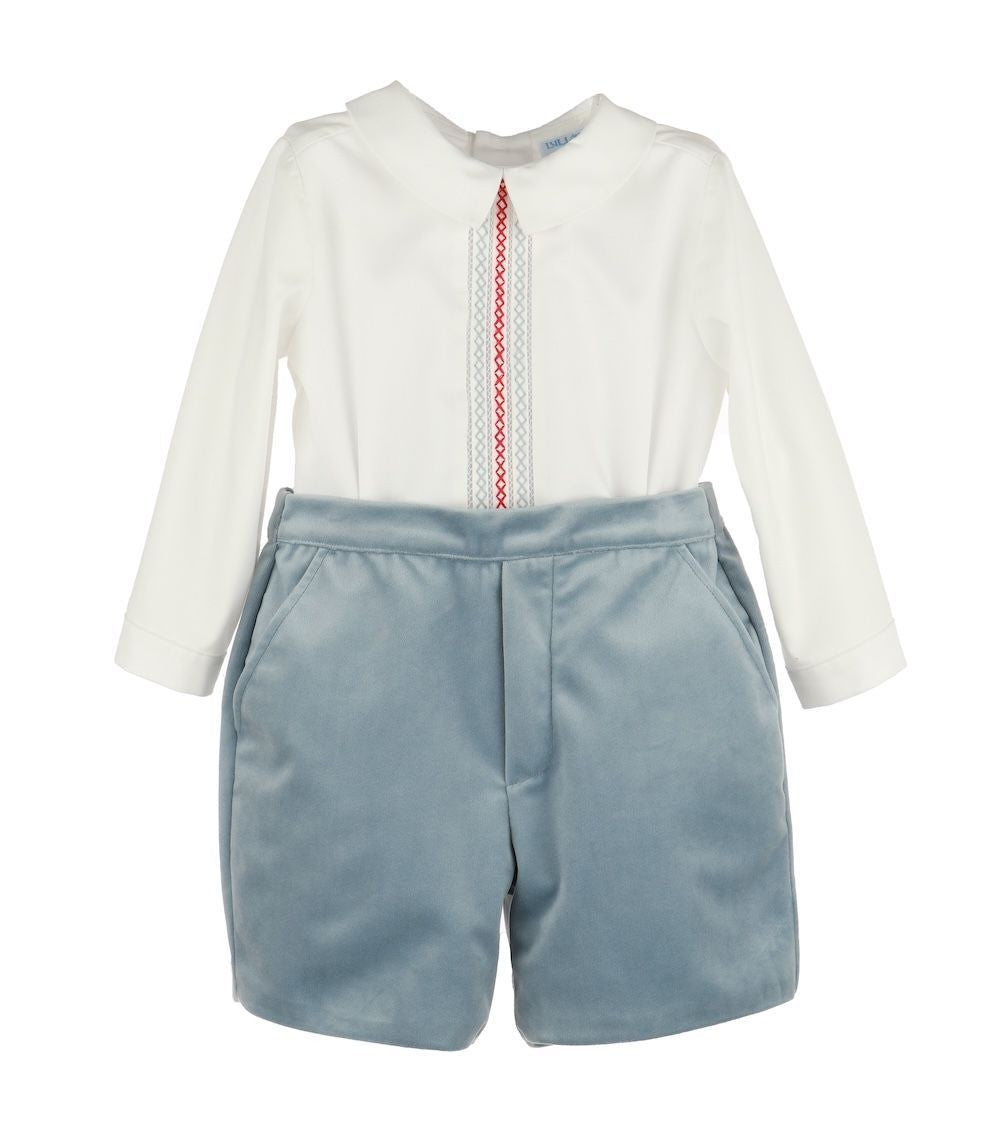 Luli & Me Boys Deluxe Velvet Shorts Set - Embroidery Shirt - French Blue