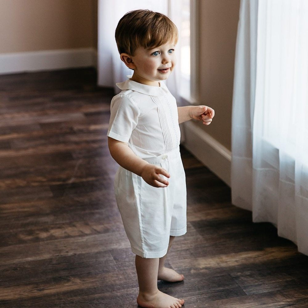 Feltman Brothers Baby / Toddler Boys Ivory Vintage Button On Suit - Blue Embroidery