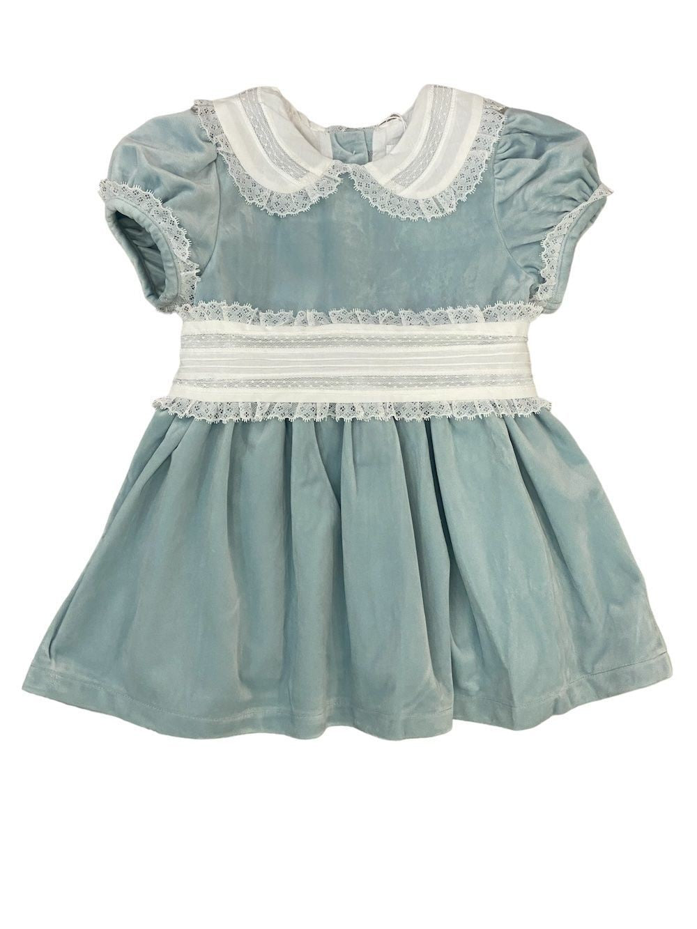 LuLu BeBe Girls Velvet Dress with Lace Collar & Cummerbund - Ice Blue