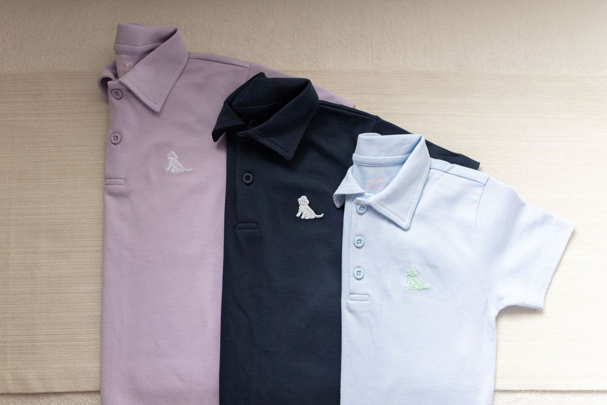 James & Lottie Boys Navy Blue Polo Shirt - White Puppy by James & Lottie
