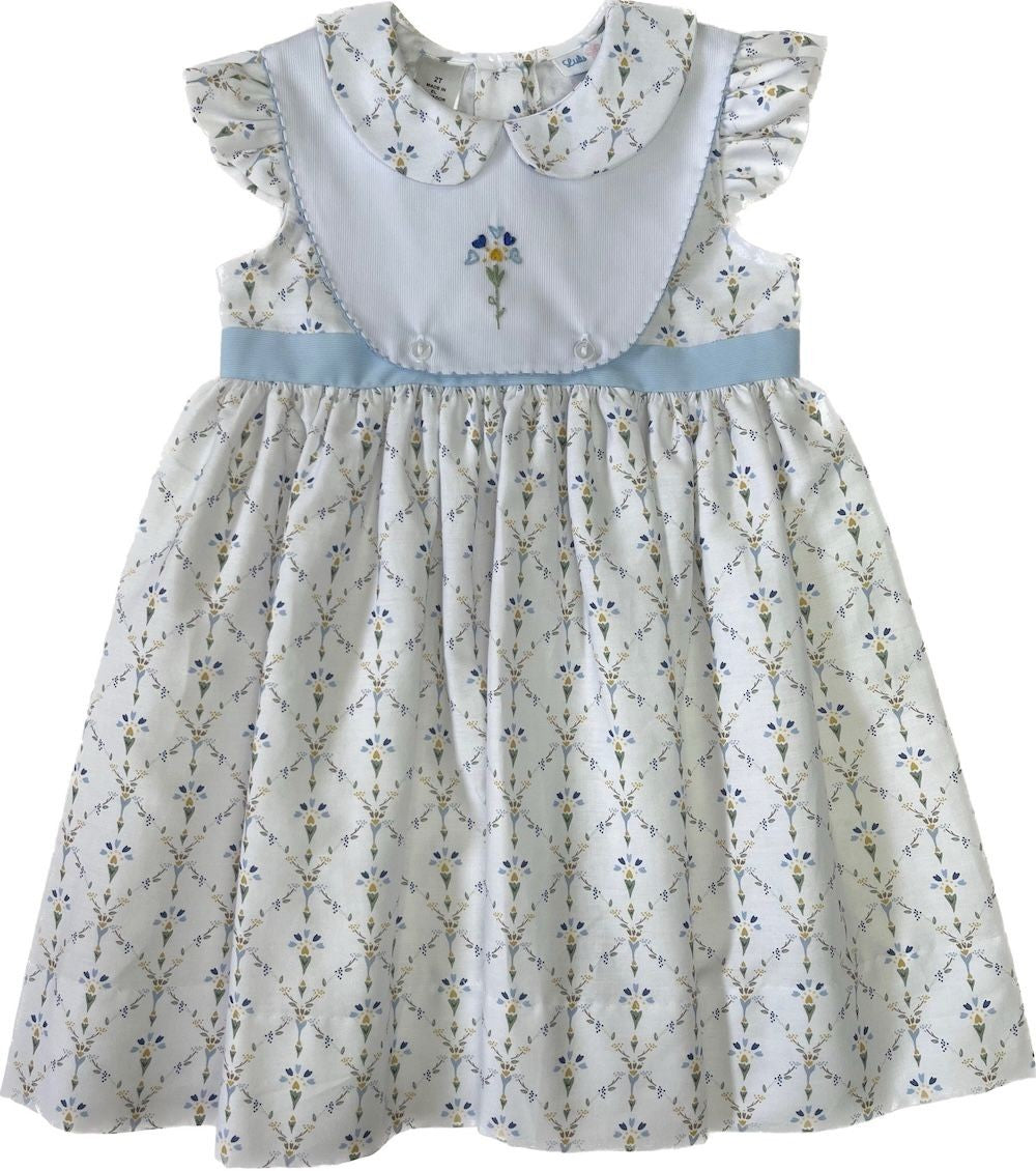 LuLu BeBe Girls Blue Floral Flutter Dress - Blue Embroidery Bodice by LuLu BeBe