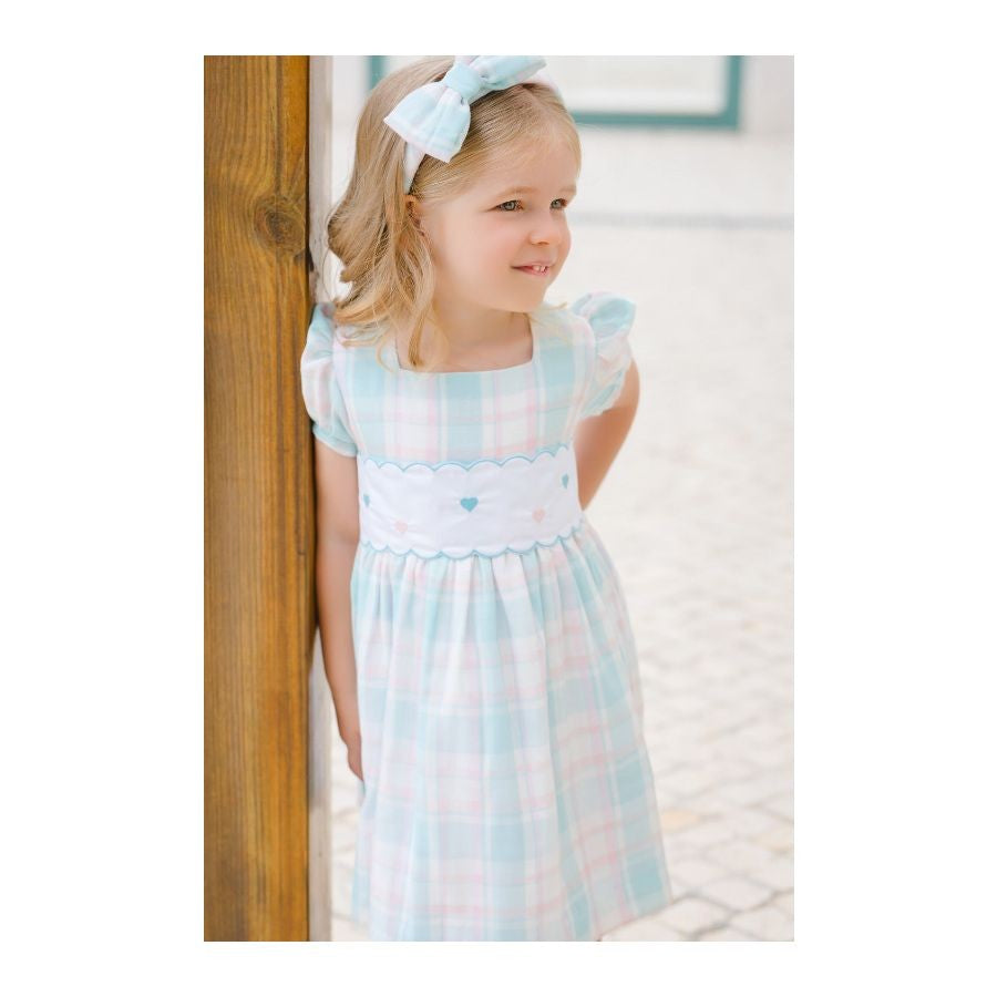 Sal & Pimenta Girls Dress - Pink & Blue Breeze Plaid - Embroidered Hearts & Sash