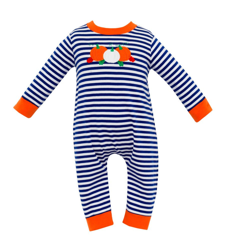 Claire & Charlie Baby Boys Knit Romper - Royal Blue Stripes - Applique Pumpkins
