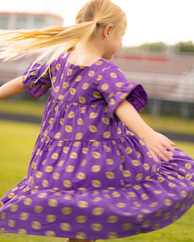 Yellow Lamb Girls Game Day Tiered Dress - Gold Footballs - Purple & Gold