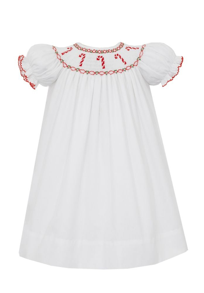 Anavini Velani Girls White Bishop Dress - Smocked Candy Canes
