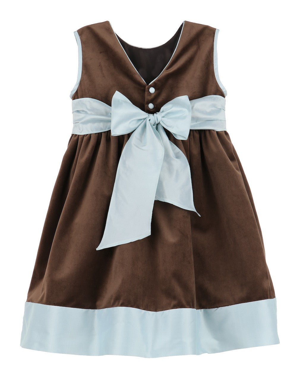 Luli & Me Girls Sleeveless Velvet Dress - Cocoa Brown - Blue Trim & Sash